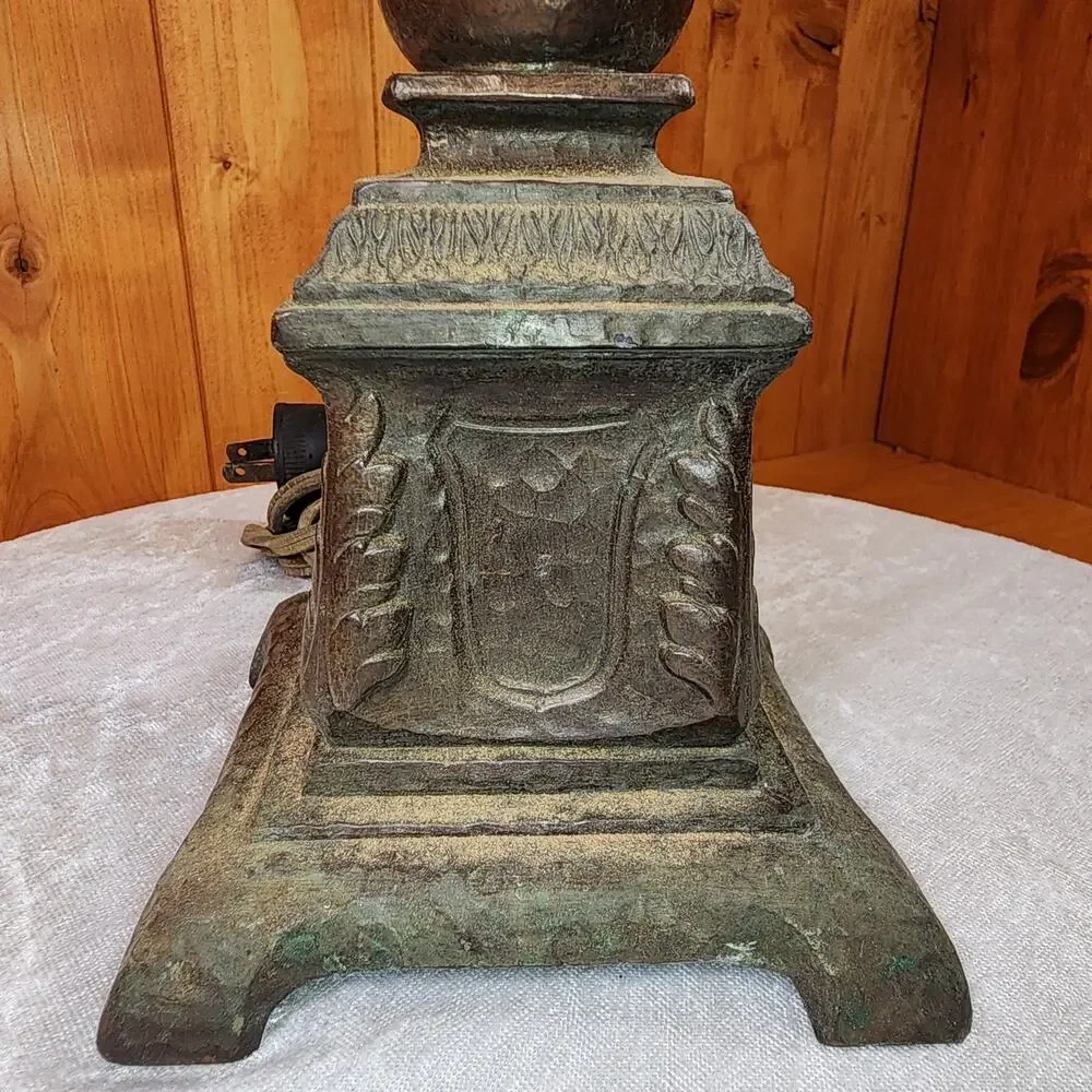 Antique Style Bronze Torchiere Lamp Hammered Column Frosted Tulip Shade